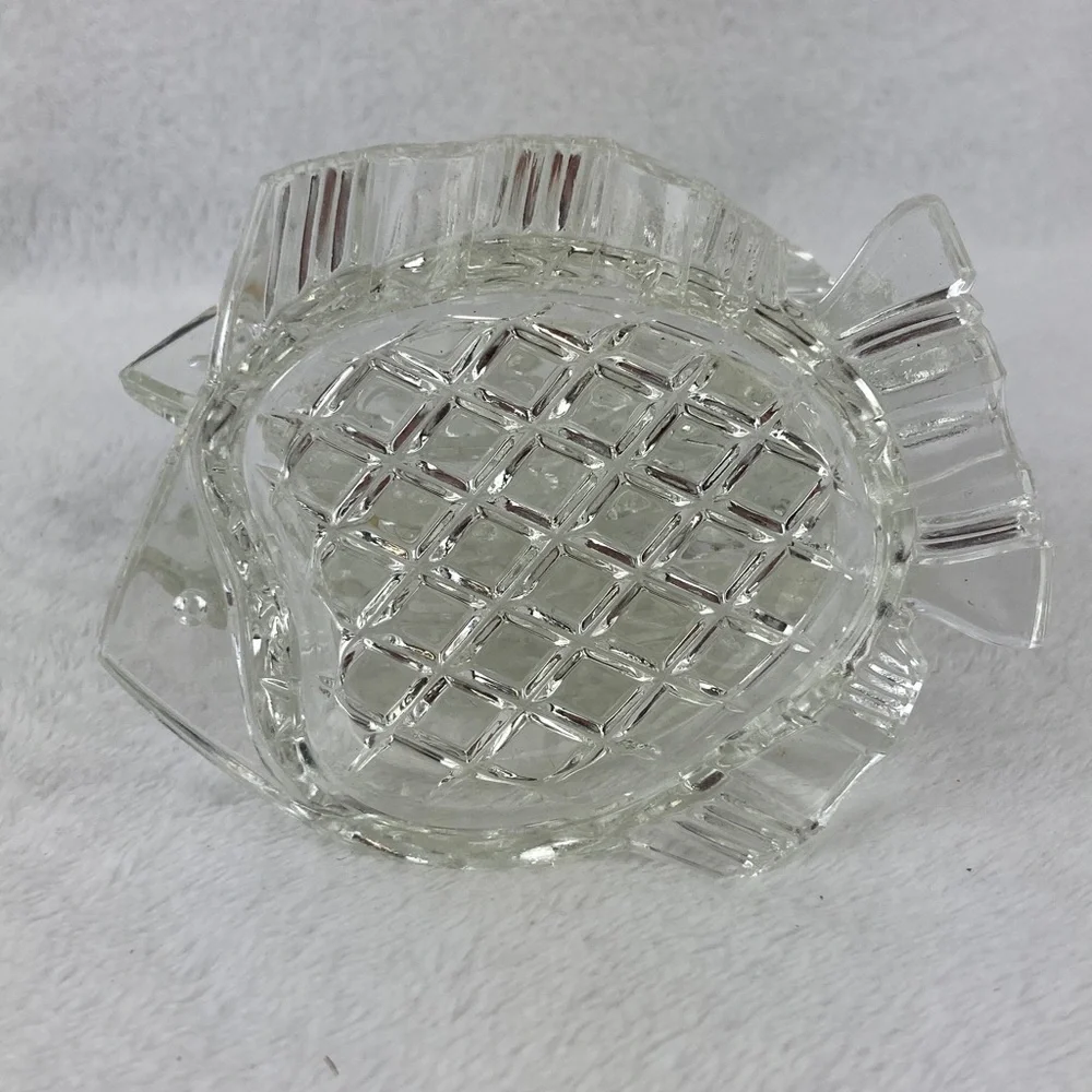 VTG Czechoslovakian Cubist Clear Glass Fish Ashtray Petite Set of 4, 4”